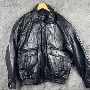 Napoline Leather Coat Outfitters Mens XL Black Genuine Leather Bomber Jacket Vtg